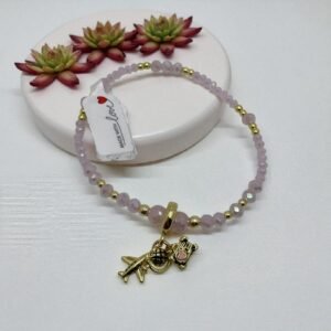 Pulsera Cristales rosados y hematita dijes colgantes baño de oro de 14K