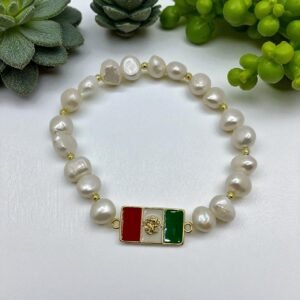 Pulsera Perla de rio y dije de bandera de México