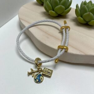 Pulsera cordón blanco dijes colgantes en baño de oro de 14K